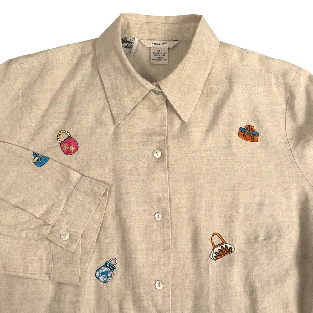 Edward Womens M Irish Linen All Over Embroidered Handbag Button Up Shirt Beige